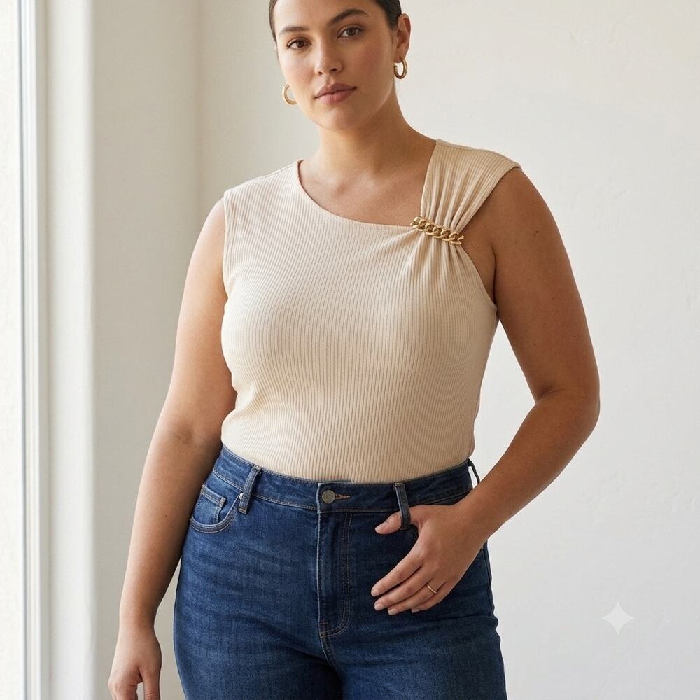 Blu Pepper‎ Blouse Top XL Beige Ribbed Knit Asymmetric Gold Chain Tank